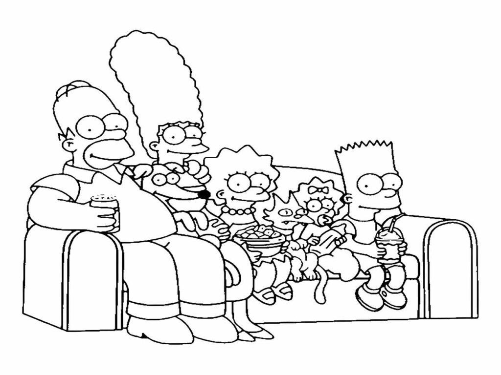 Desenho para colorir os Simpsons relaxando no sofá.