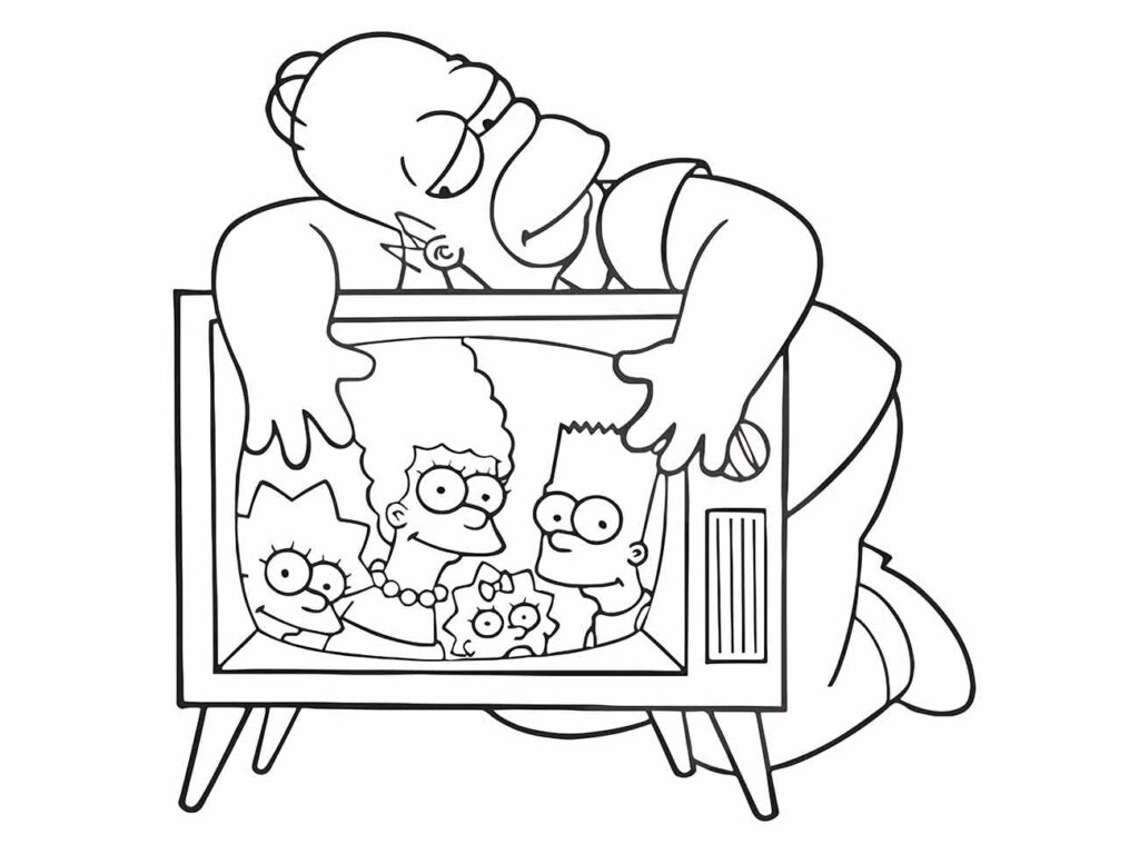 Desenho para colorir Homer Simpson abraçando a televisão com os Simpsons dentro.