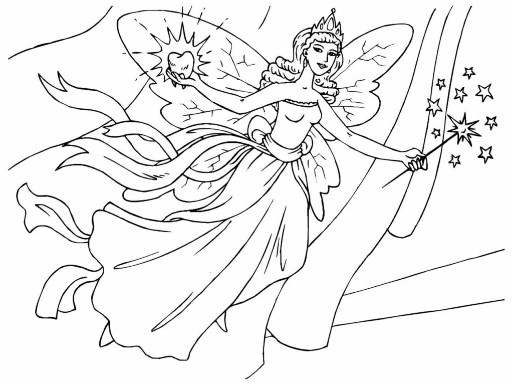 Desenho para colorir de fada empunhando varinha mágica e estrelas.