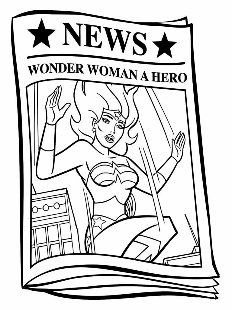 Desenho da Mulher Maravilha para colorir em capa de jornal heroica