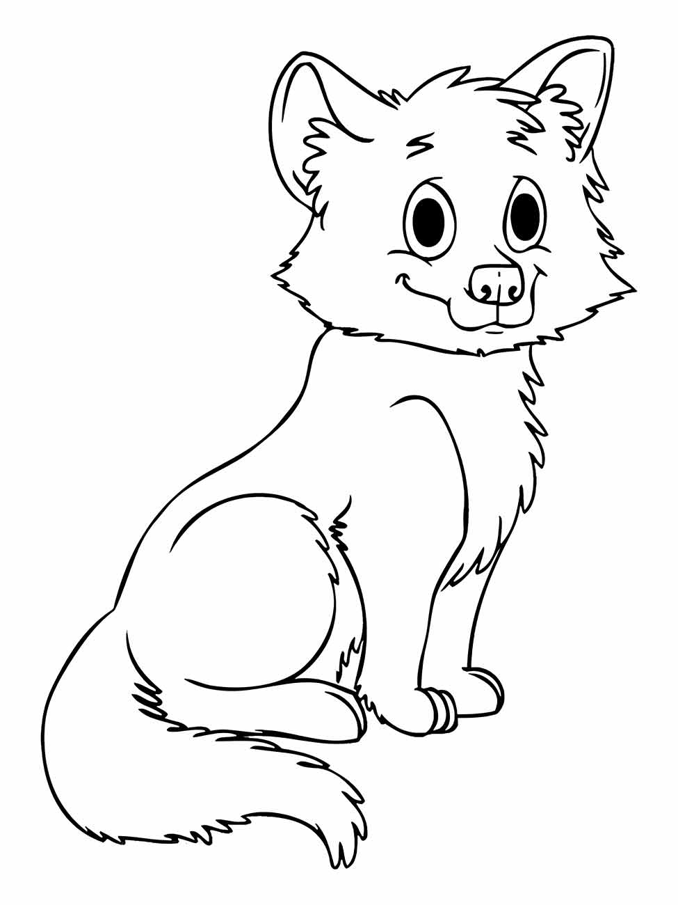 Desenho de lobo fofo para colorir, sentado e feliz.