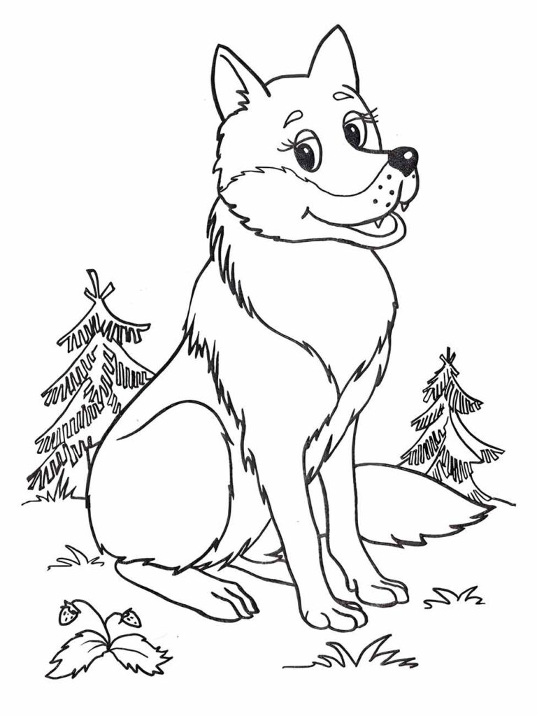 Desenho para colorir de lobo sentado na floresta.