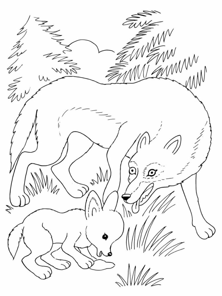 Imagem de lobo com filhote para colorir, numa cena de carinho.