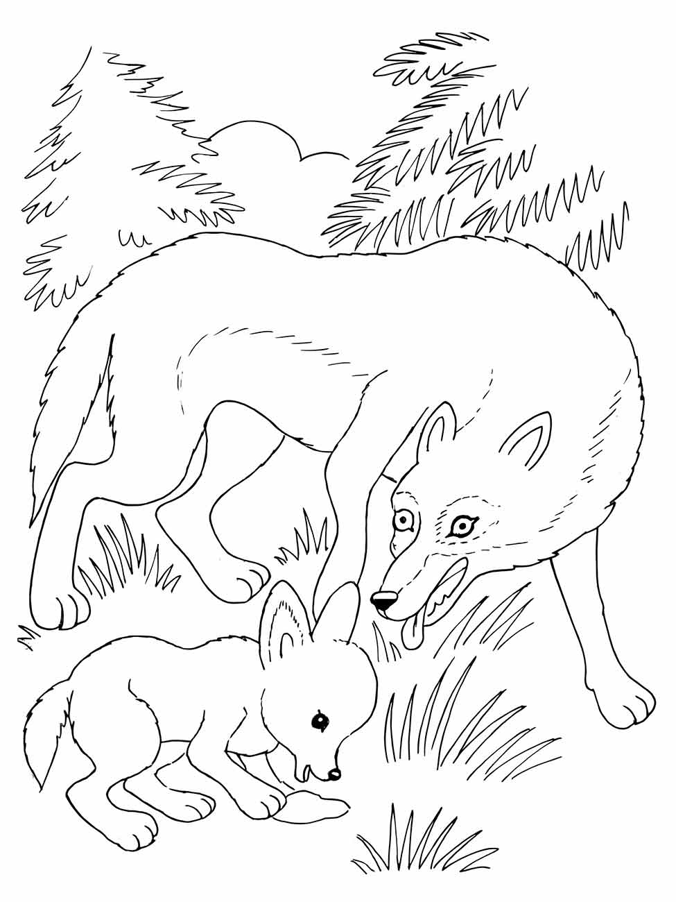 Imagem de lobo com filhote para colorir, numa cena de carinho.