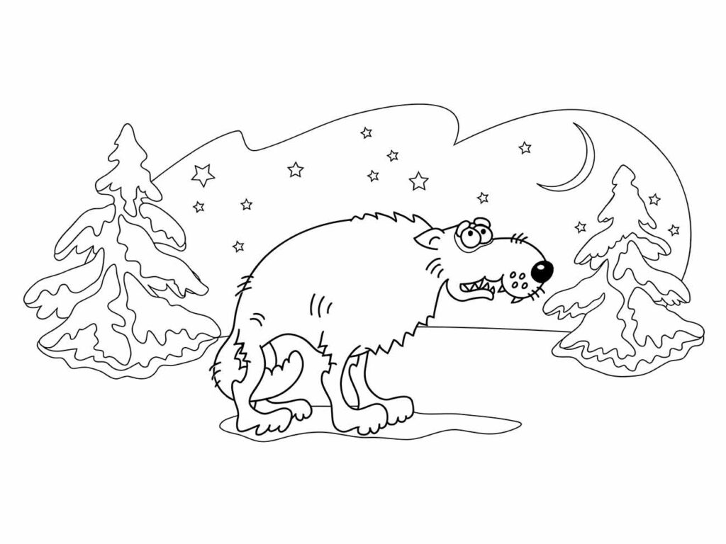 Desenho de lobo para colorir, em estilo caricato sob lua e estrelas.