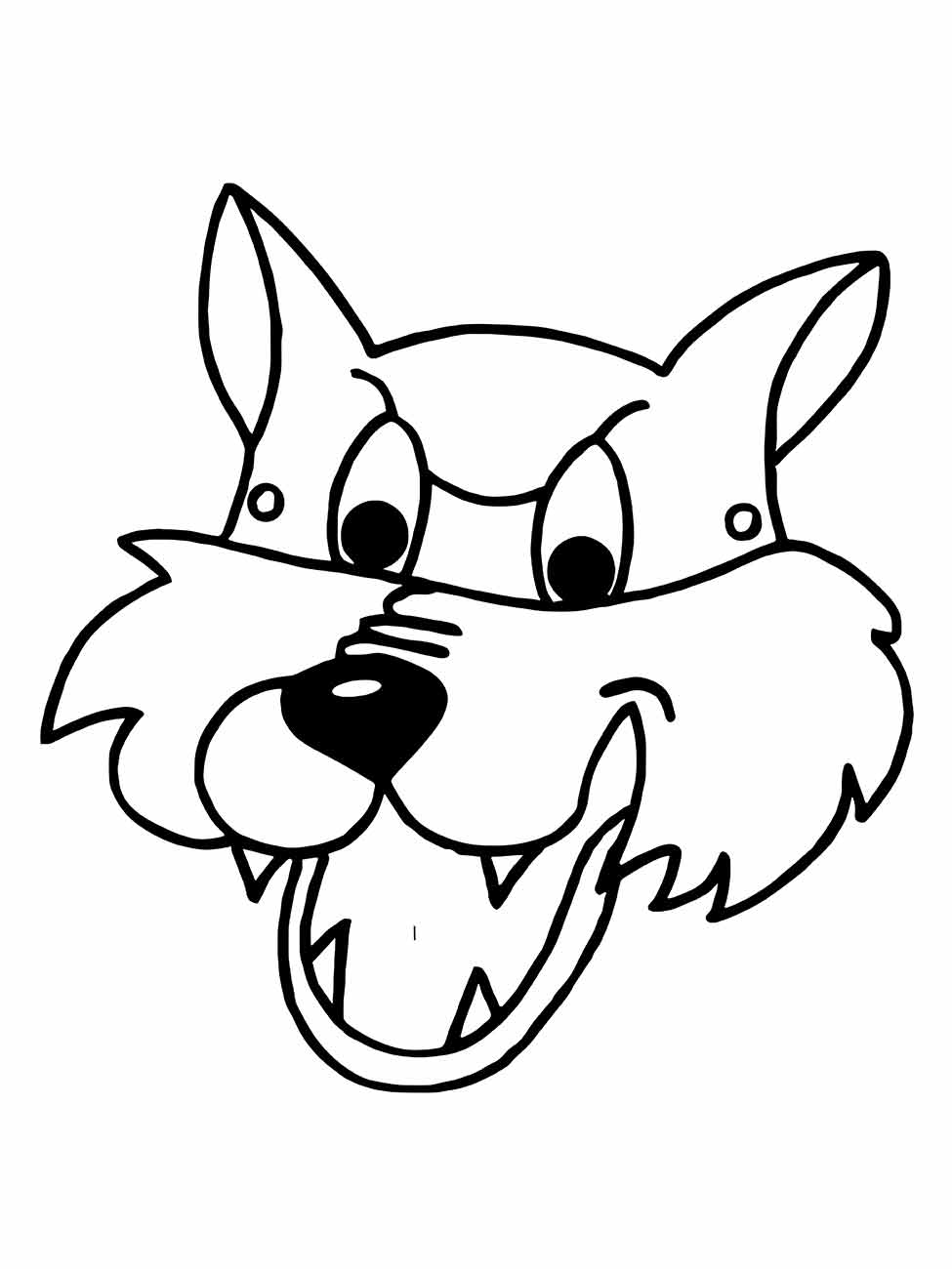 Desenho da face de lobo caricato para colorir, com língua de fora.