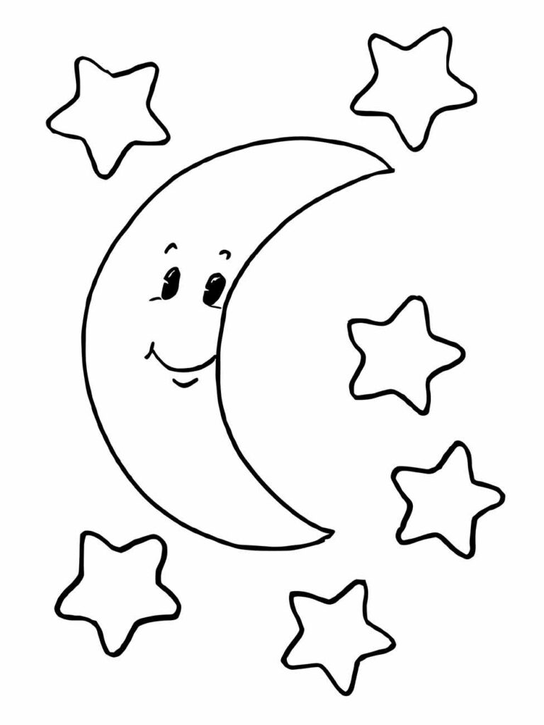 Desenho de lua e estrelas para colorir com rosto feliz.