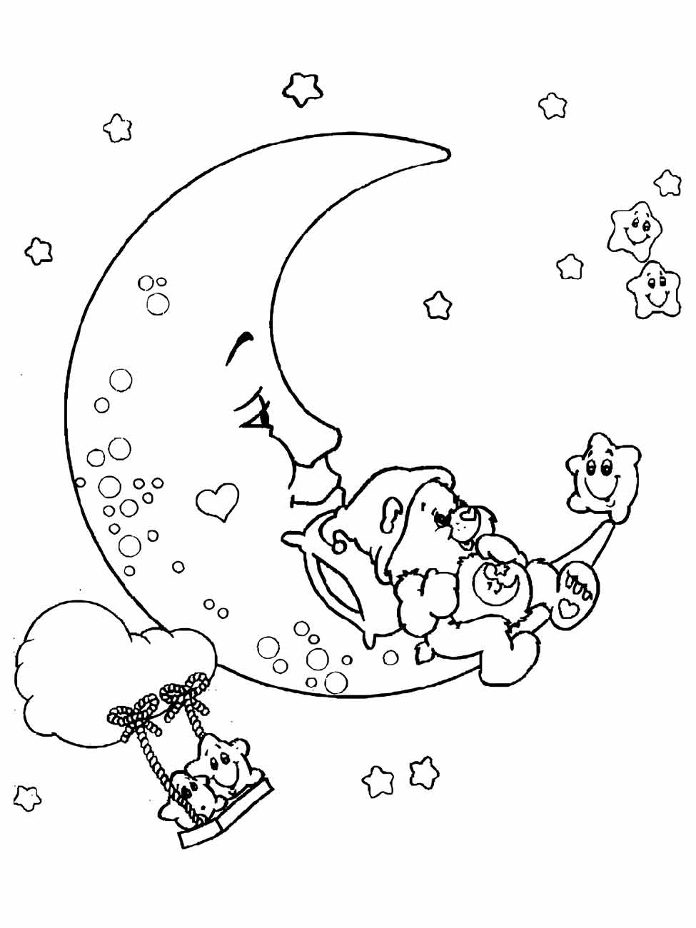 desenho de Lua para colorir e imprimir, retratando uma cena noturna com ursos em nuvens.