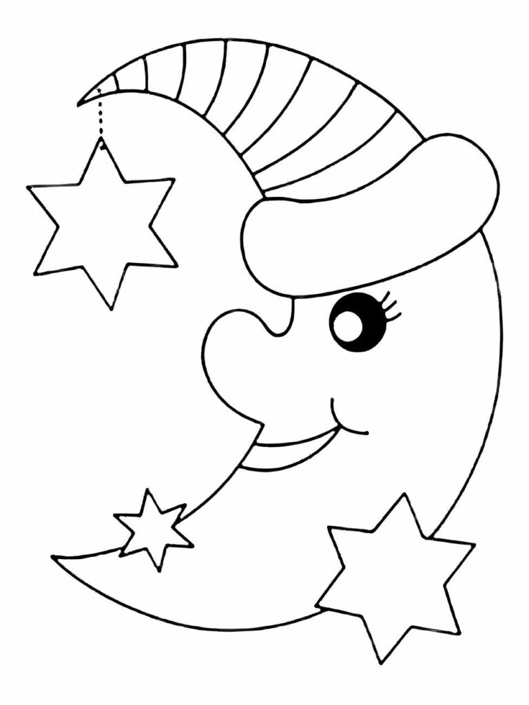 Desenho de lua para colorir com chapéu festivo e estrelas penduradas.