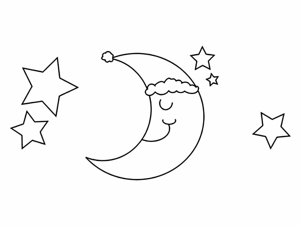 Lua para colorir e imprimir com gorro de Papai Noel e estrelas ao redor.