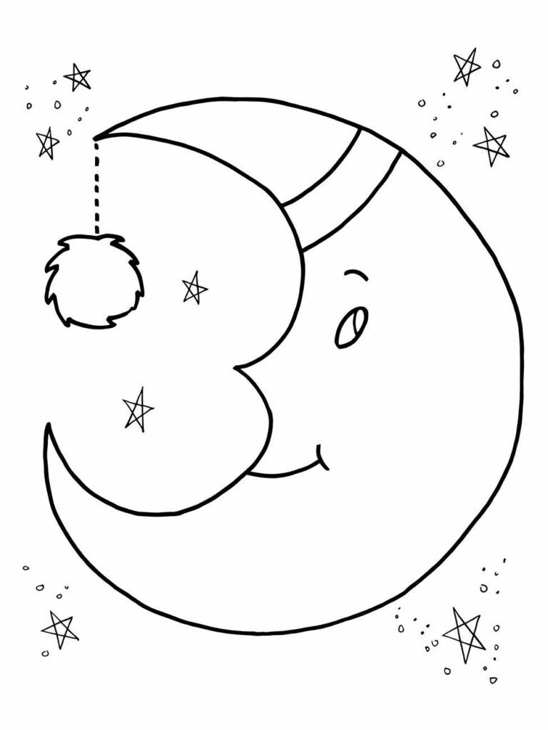 Lua para colorir e imprimir com gorro de dormir e estrelas brilhantes ao fundo.