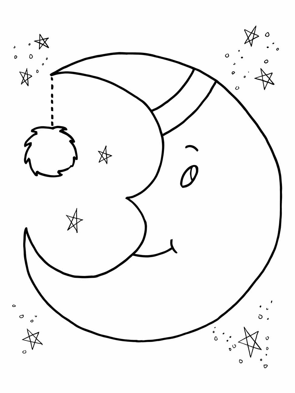 Lua para colorir e imprimir com gorro de dormir e estrelas brilhantes ao fundo.