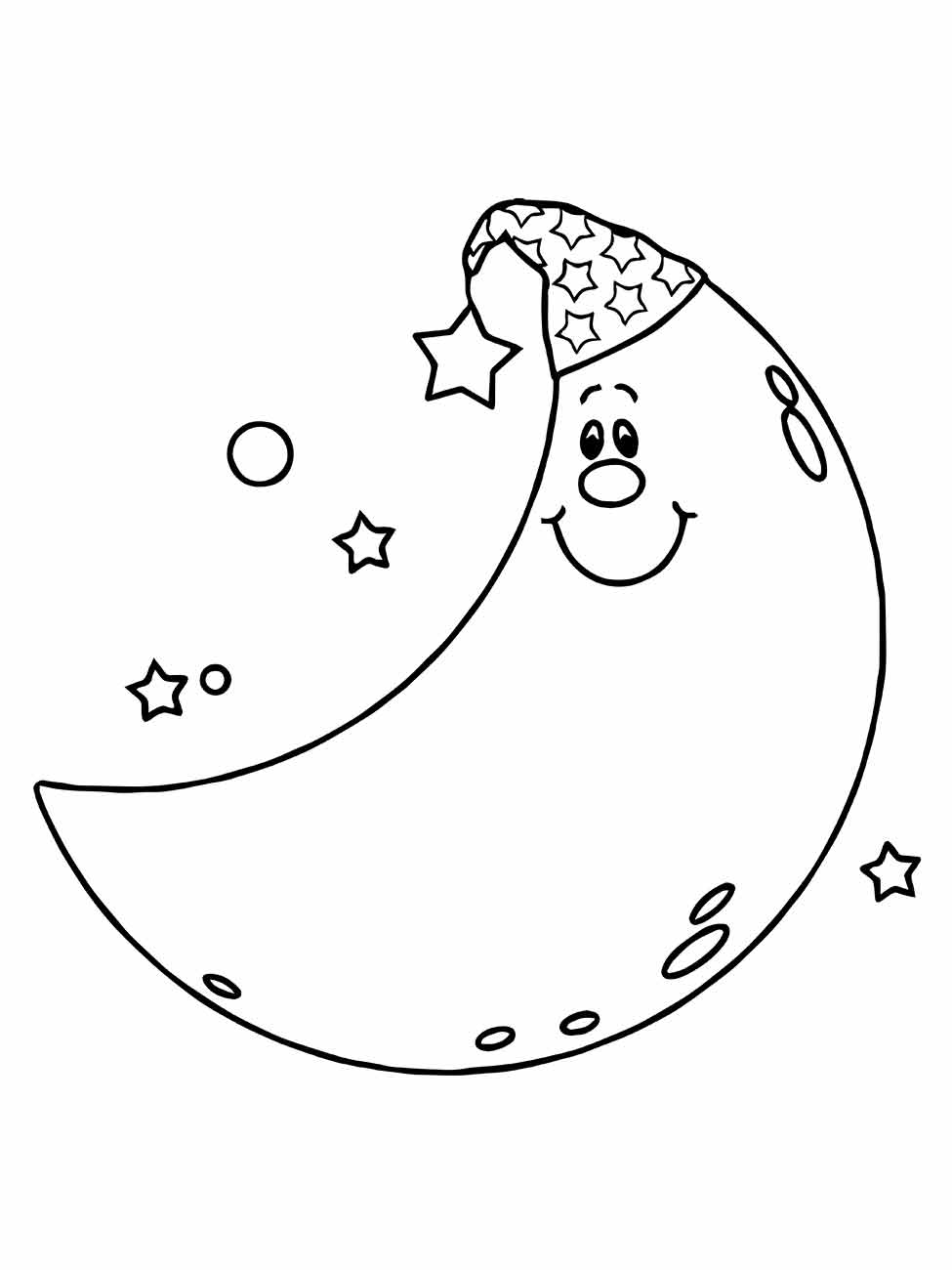 Desenho da lua para colorir com gorro de dormir estampado de estrelas.