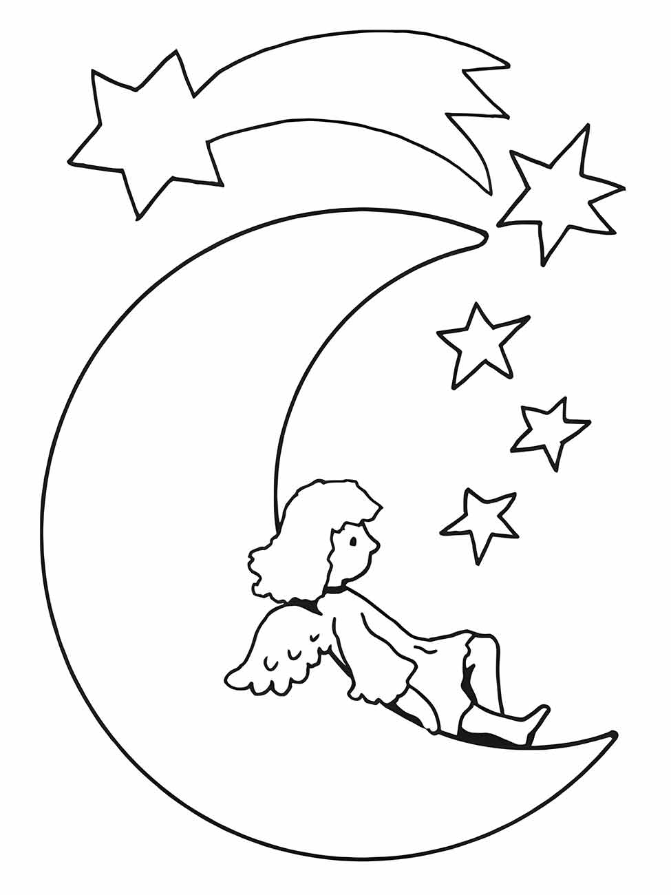 Imagem da lua para colorir com uma figura angelical sentada, cercada por estrelas.