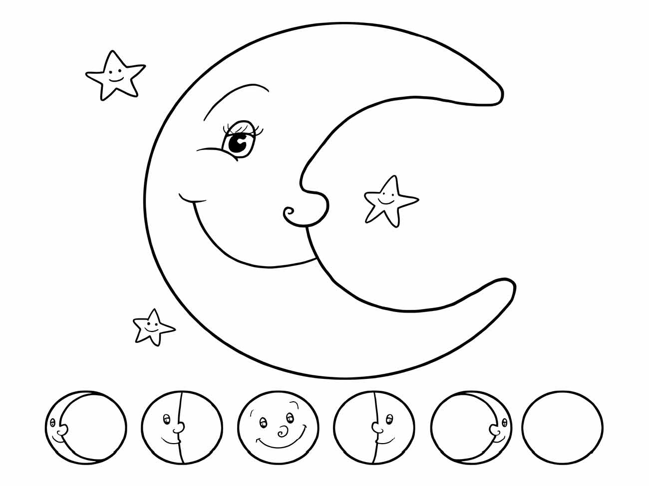 Desenho de lua e estrelas para colorir, com fases da lua em sequência abaixo.