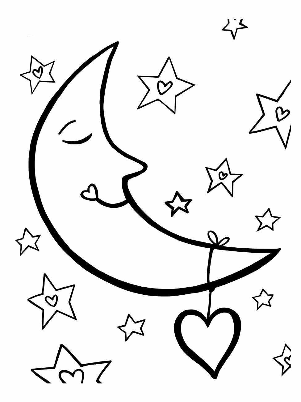 Desenho da lua para colorir com estrelas decoradas com corações.