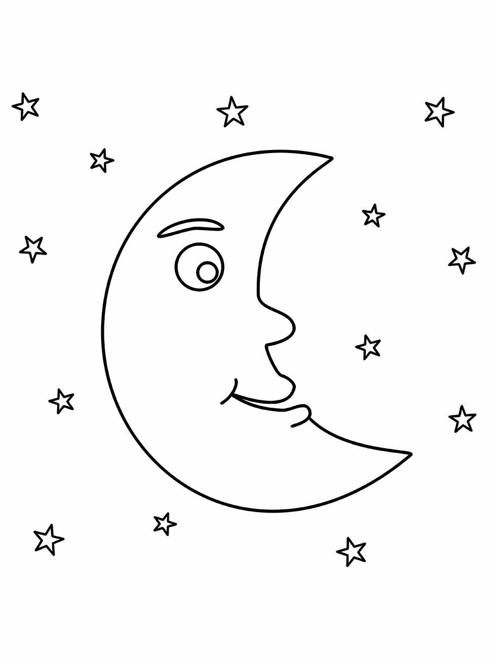 Imagem da lua para colorir com um grande sorriso e olhos esbugalhados. Desenho da lua para colorir com estrelas decoradas com corações e uma pendurada com um coração. Lua para colorir e imprimir, apresentando um rosto feminino sorridente em primeiro plano e uma lua crescente ao fundo. Desenho de lua para colorir cercado por muitas estrelas.