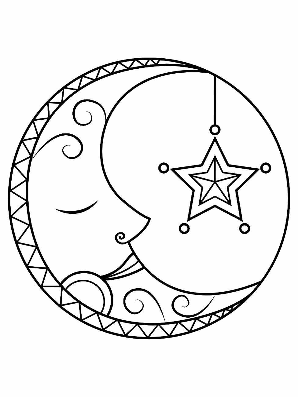 Desenho de lua para colorir com um padrão de borda decorativa e uma estrela pendurada.