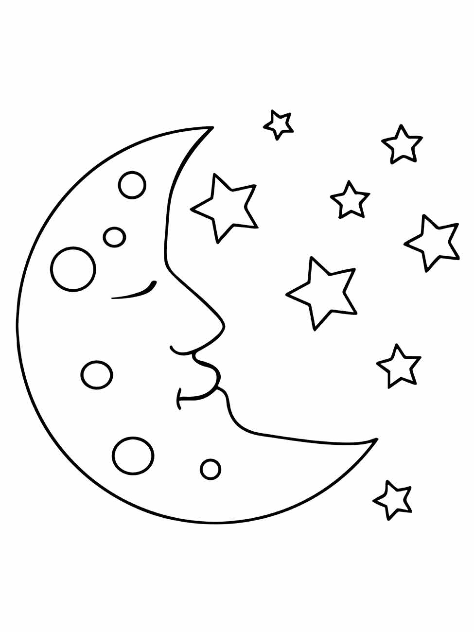 Desenho da lua para colorir cercado por estrelas e detalhes de crateras.