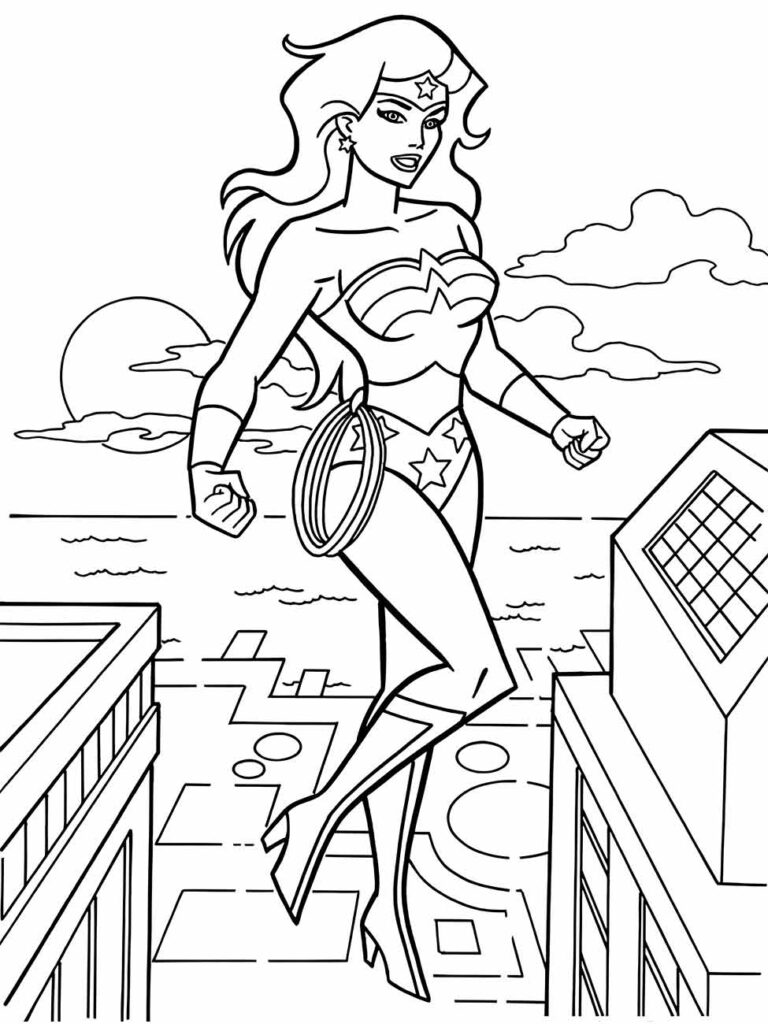 Desenho para colorir da Mulher Maravilha sobrevoando a cidade.