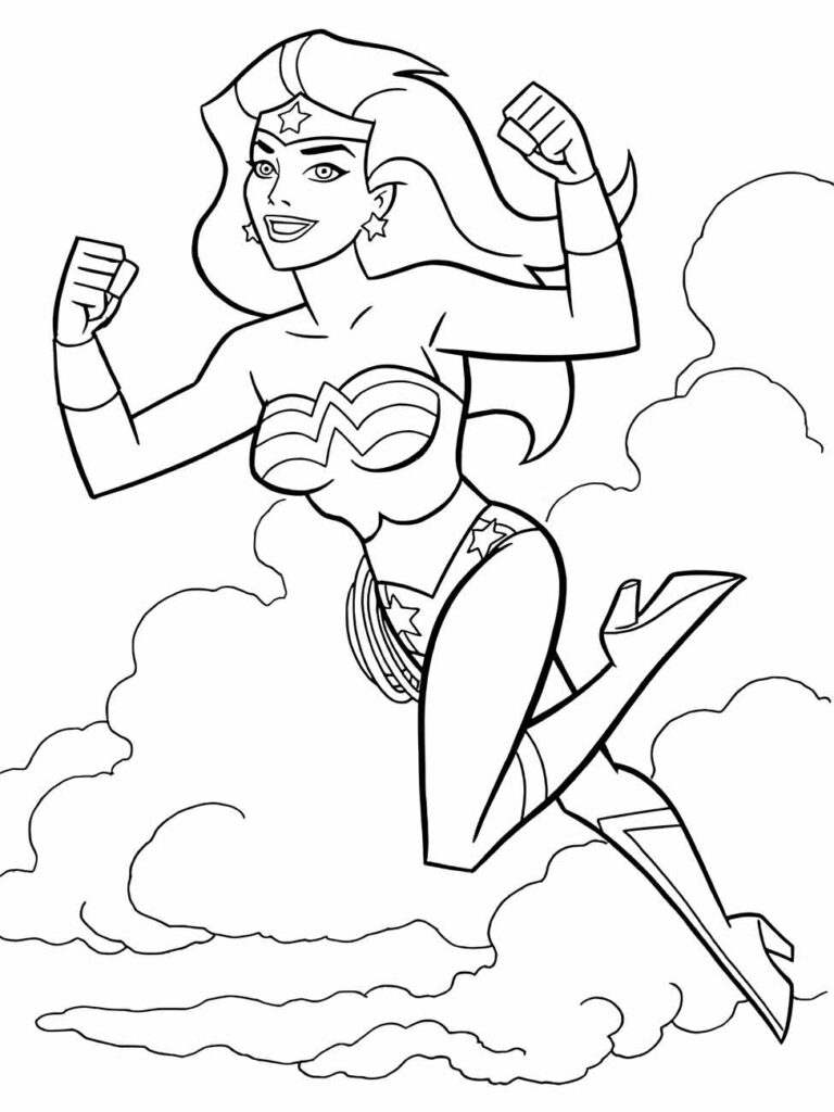 Desenho para colorir da Mulher Maravilha em pleno voo entre as nuvens.