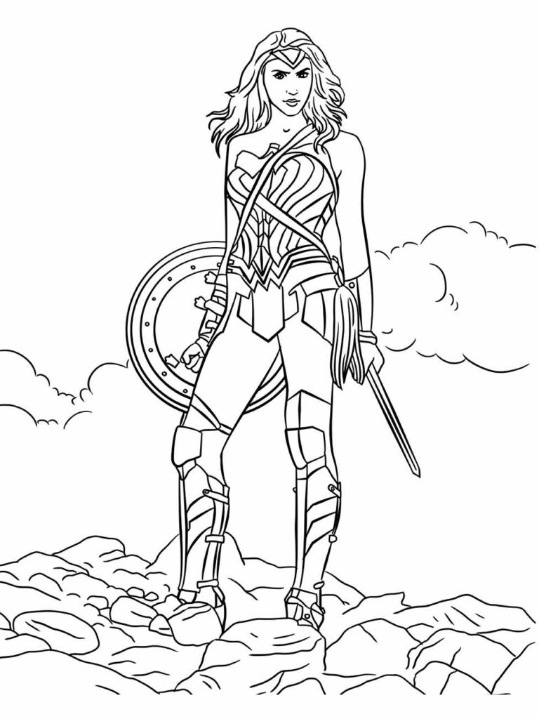 Desenho da Mulher Maravilha pronta para colorir, armada e em pose de batalha sobre as rochas.