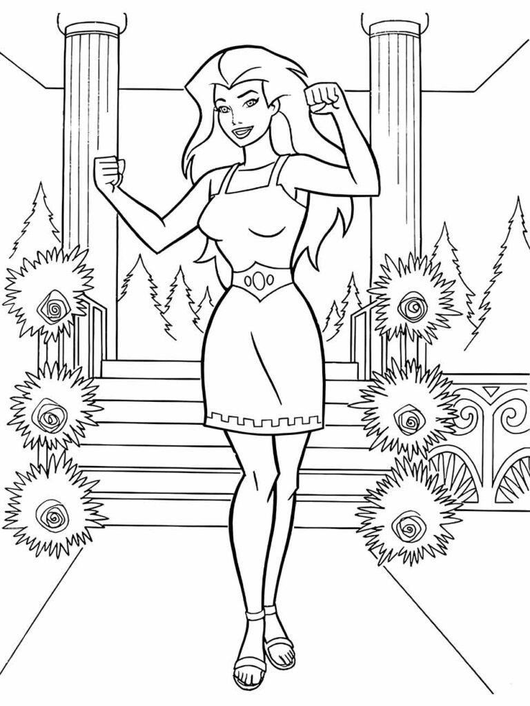 Desenho para colorir da Mulher Maravilha em uma cena inspirada na Grécia Antiga.