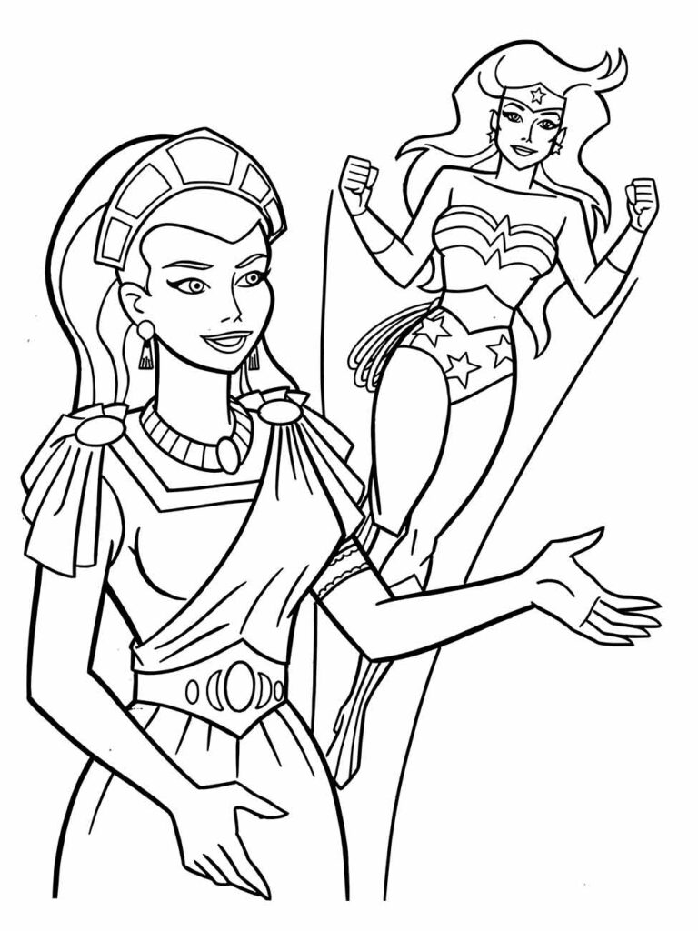 Desenho para colorir com a Mulher Maravilha e uma figura egípcia.