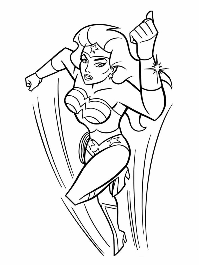 Desenho para colorir da Mulher Maravilha em pose de ação com linhas de movimento ao fundo.