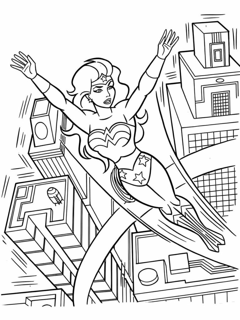 Desenho para colorir da Mulher Maravilha voando alto entre os prédios da cidade.