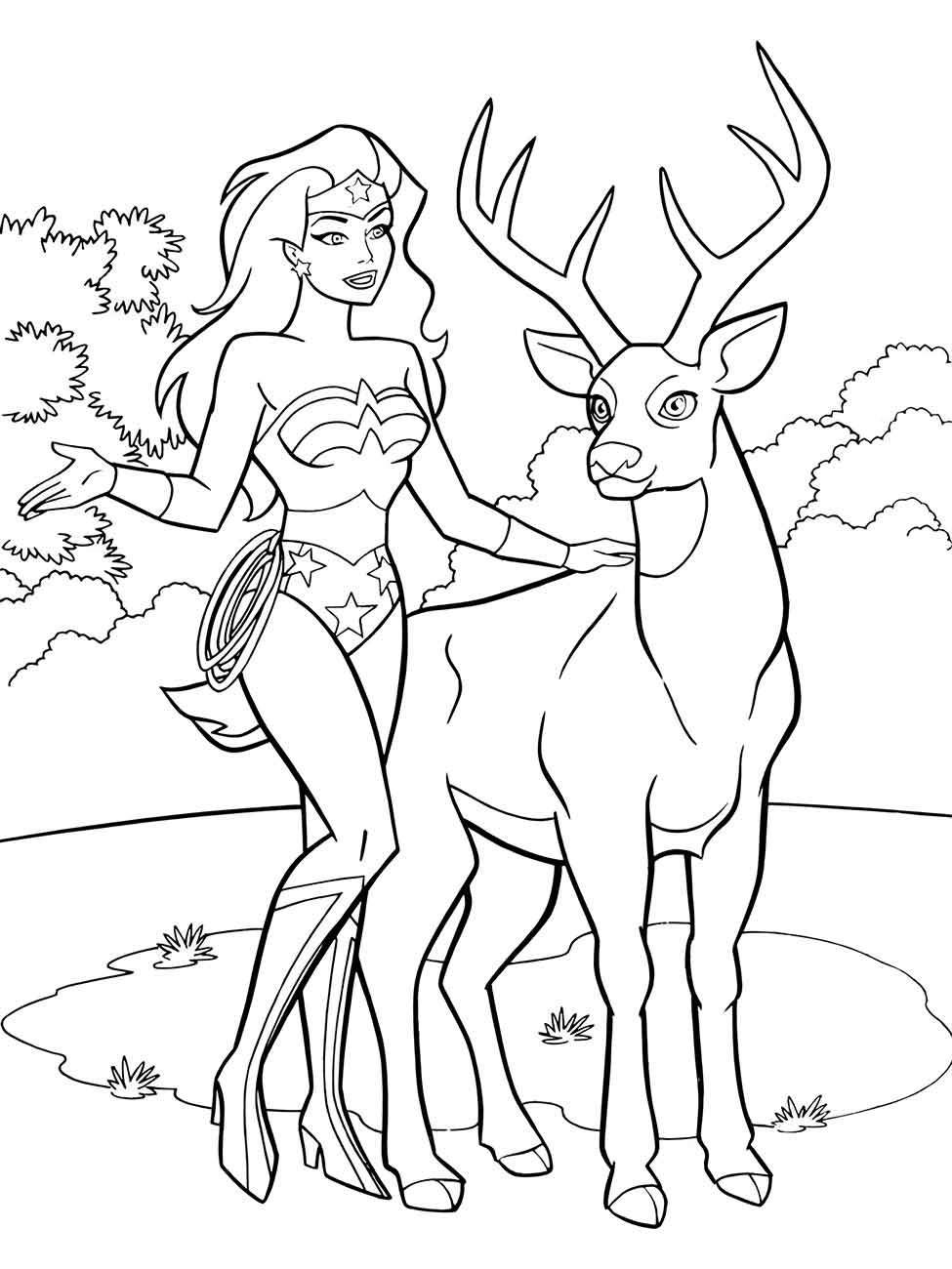 Desenho para colorir da Mulher Maravilha em um momento sereno ao lado de um cervo na floresta.