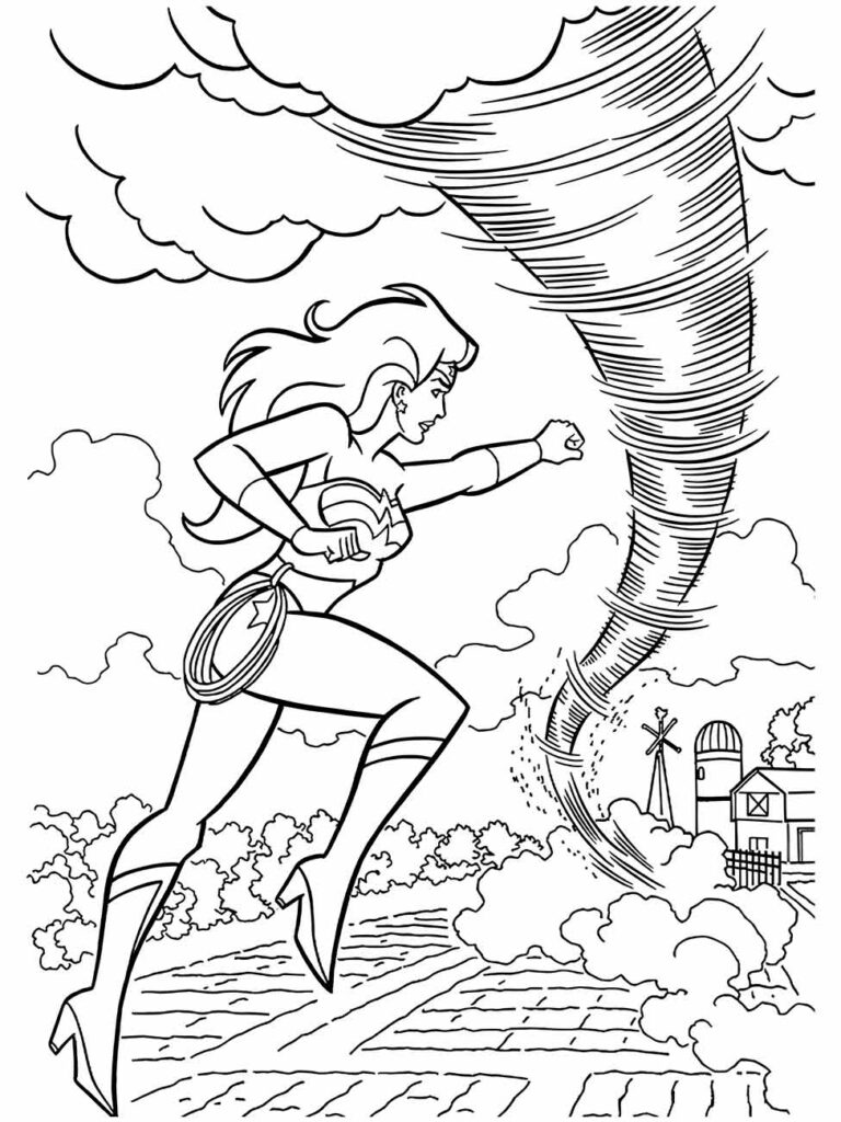 Desenho para colorir da Mulher Maravilha correndo em direção a um tornado que se aproxima de um celeiro.