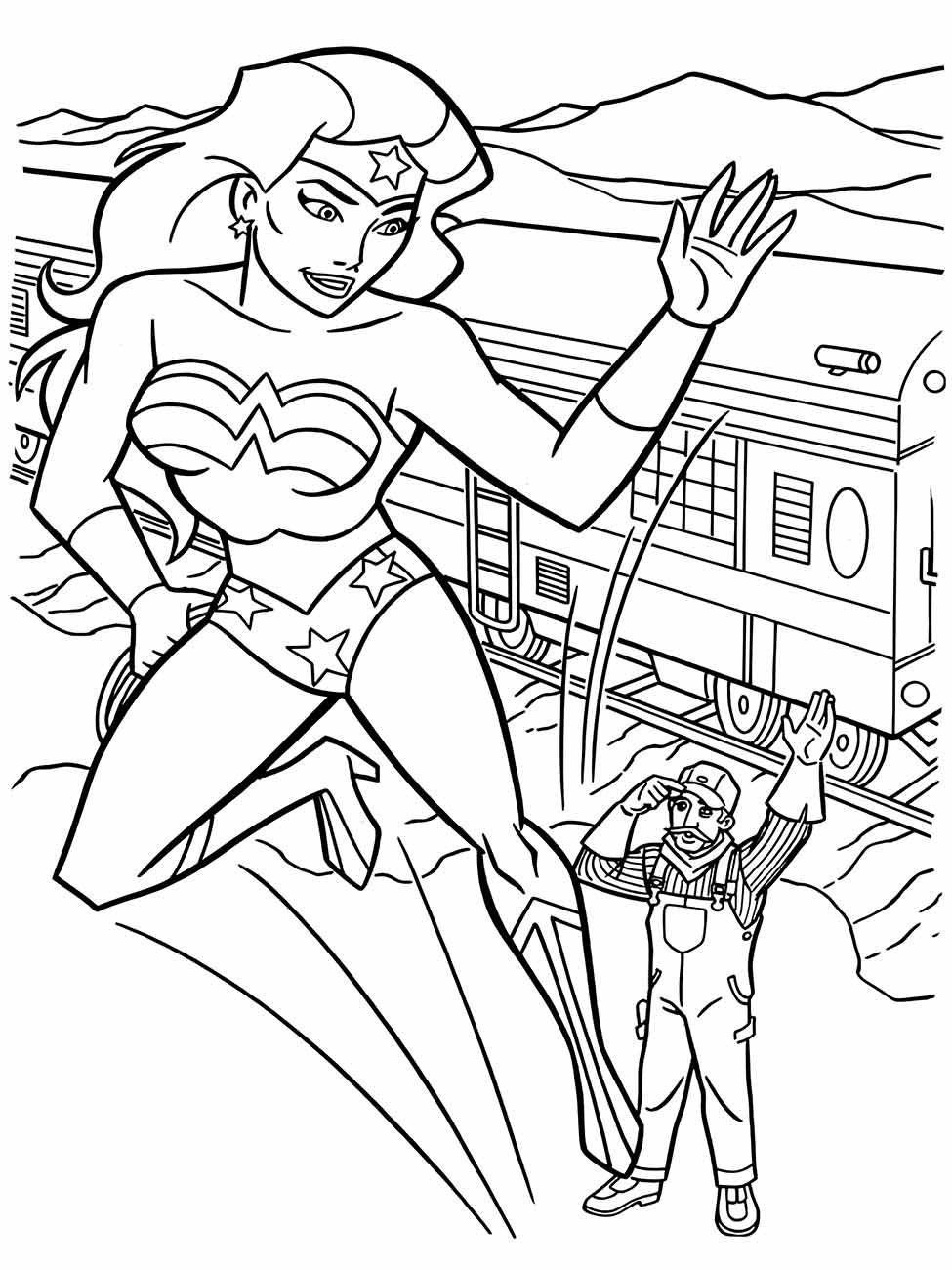 Desenho para colorir da Mulher Maravilha acenando enquanto desvia de um trem em alta velocidade.