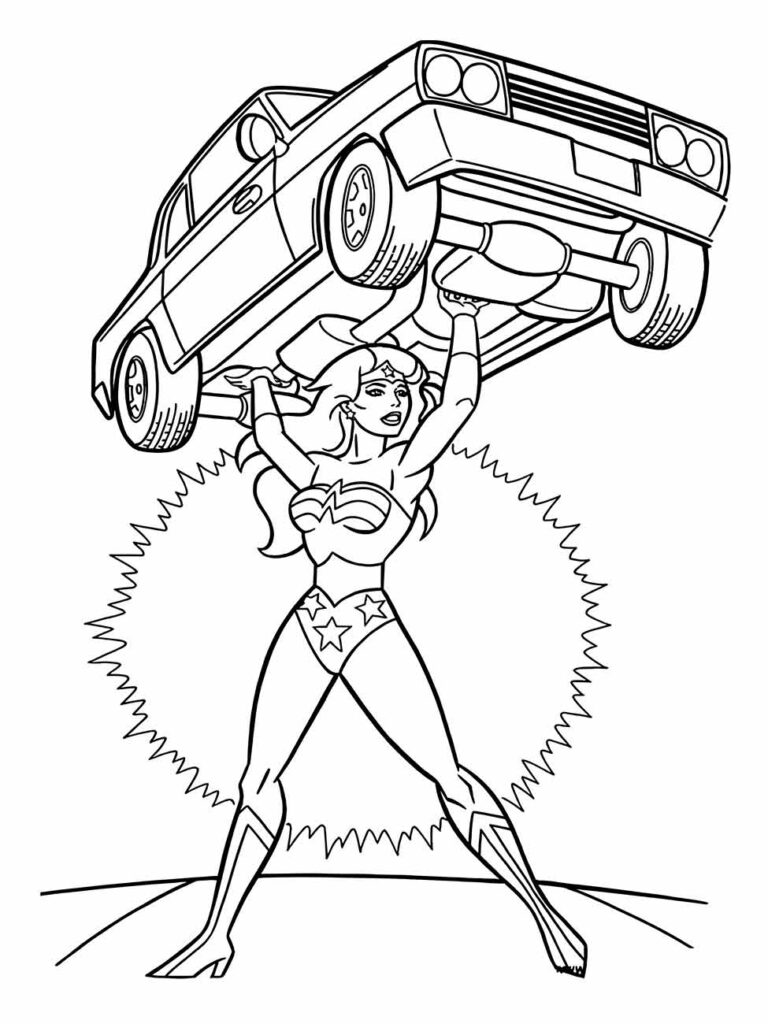 Desenho para colorir da Mulher Maravilha exibindo sua força ao levantar um carro.