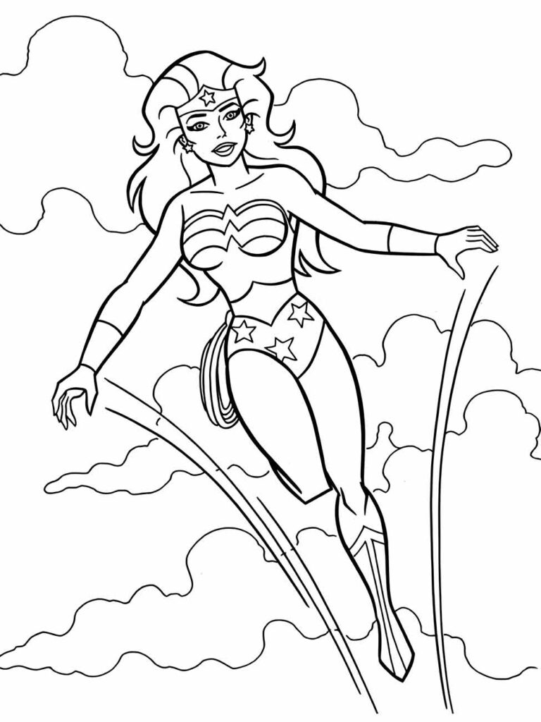 Desenho para colorir da Mulher Maravilha voando por entre as nuvens.