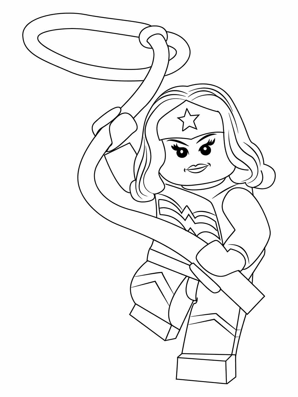 Desenho para colorir da Mulher Maravilha Lego, manejando seu laço.