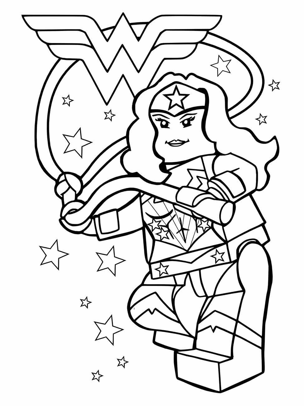 Desenho para colorir da Mulher Maravilha Lego, com seu símbolo ao fundo.