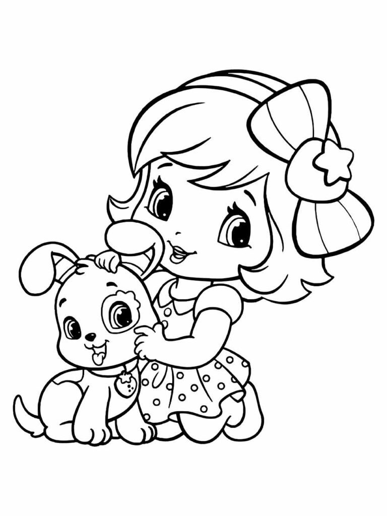 Desenho para colorir da Moranguinho e seu cachorro com um laço.