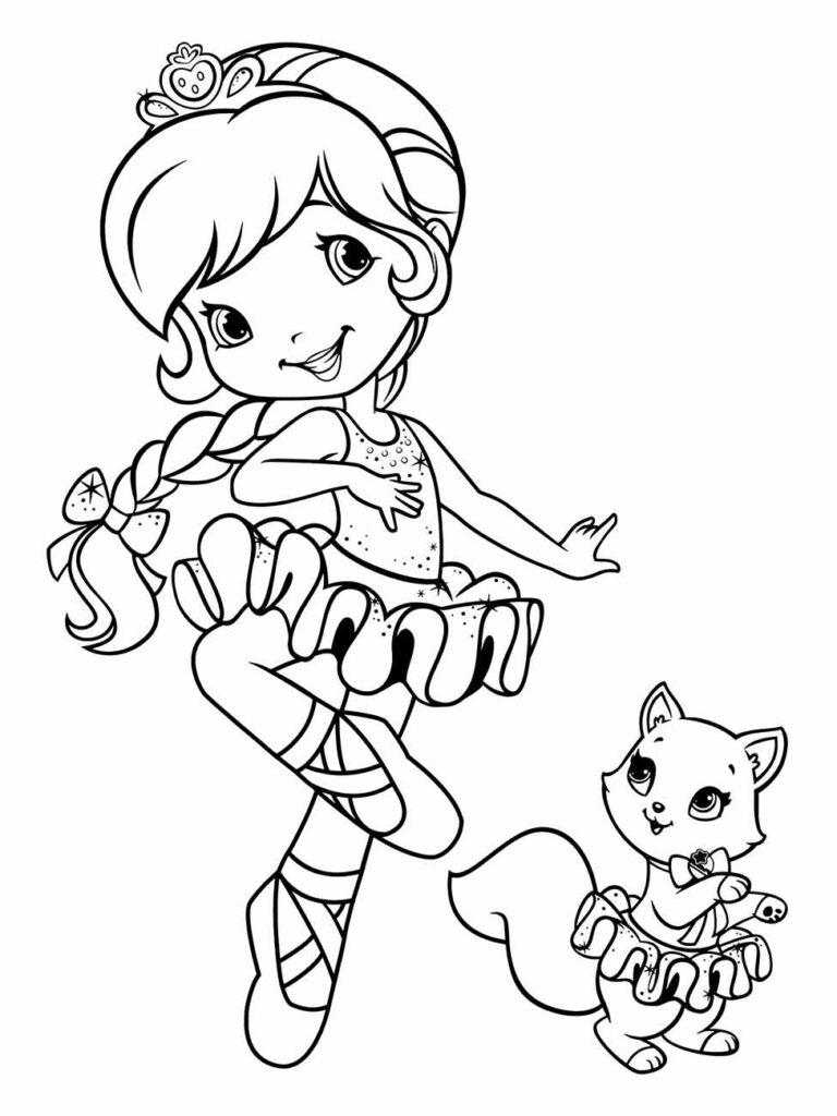 Desenhos para colorir da Moranguinho bailarina e um gato.