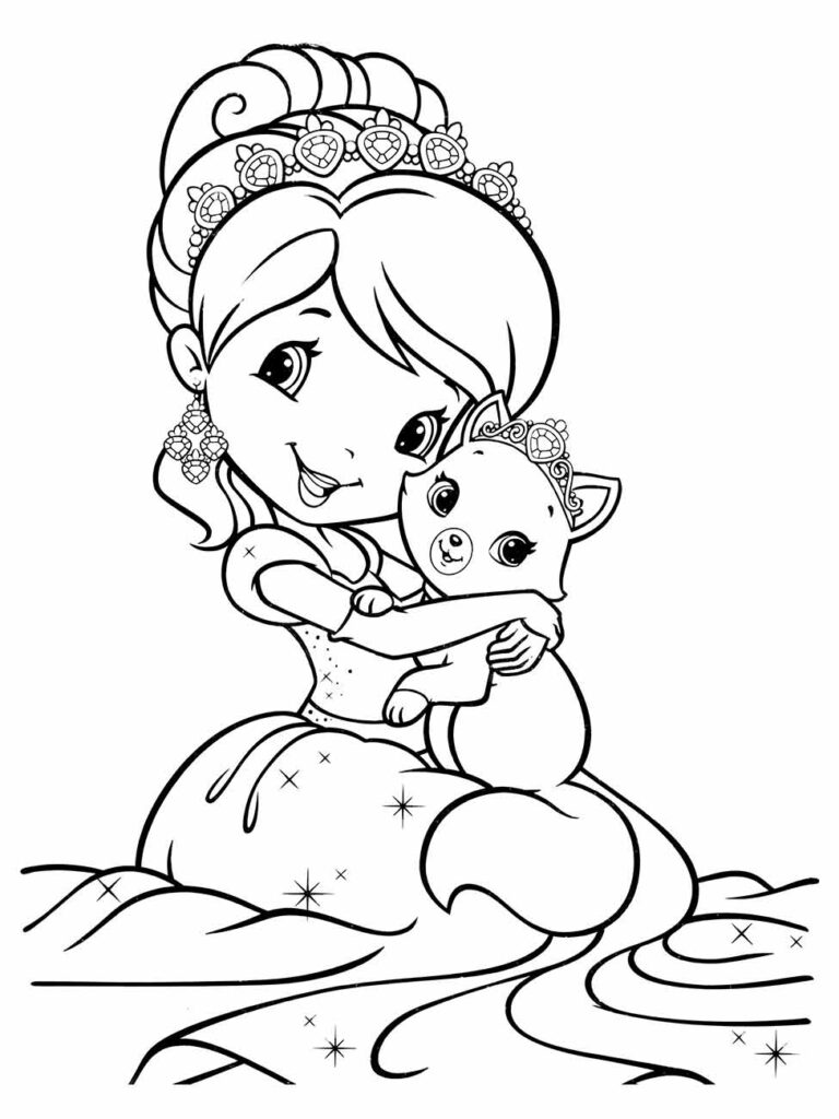 Desenho para colorir da Moranguinho como uma princesa, abraçando um filhote.