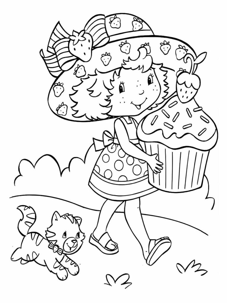 Desenho para colorir da Moranguinho passeando com um filhote e segurando um cupcake gigante.