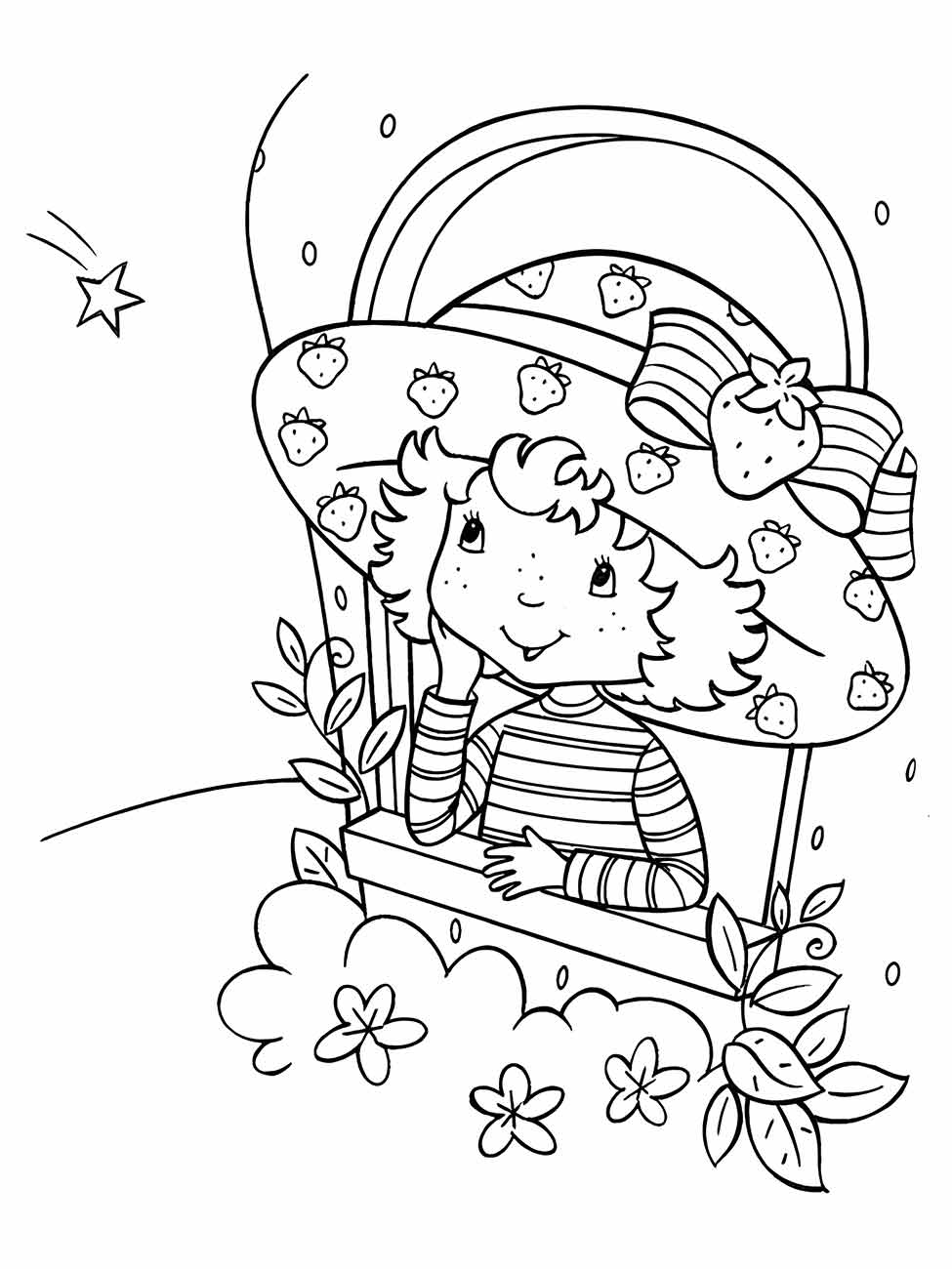 Desenho para colorir e imprimir da Moranguinho na janela com várias flores.