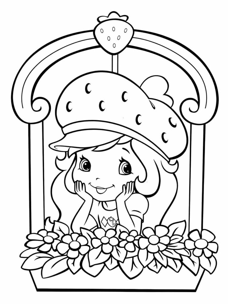 Desenho para colorir da Moranguinho emoldurado por um arco de flores e morangos, com expressão sonhadora.