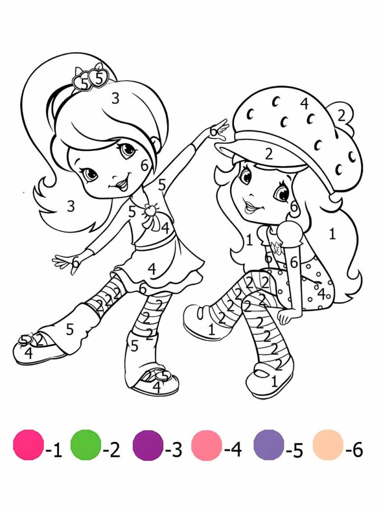 Desenho da Moranguinho e sua amiga para colorir e imprimir com números para guia de cores.