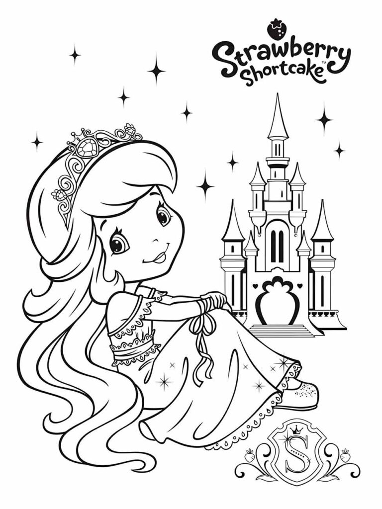 Desenho para colorir e imprimir da Moranguinho como princesa em frente a um castelo.