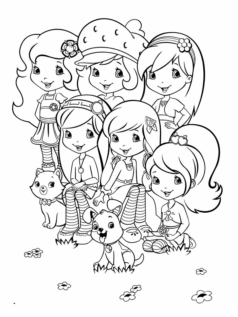 Desenho da turma da Moranguinho para colorir com animais de estimação.