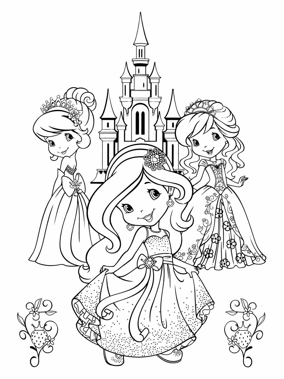 Desenho da Moranguinho e amigas princesas para colorir com castelo ao fundo.