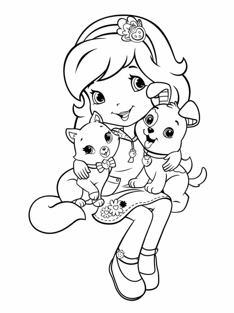 Desenhos para colorir da Moranguinho com animais de estimação.