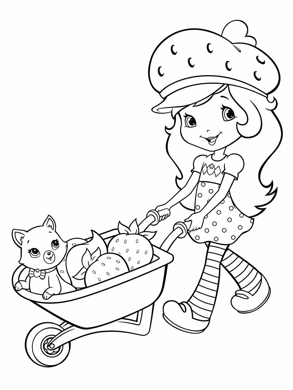 Desenho para colorir da Moranguinho empurrando uma carriola com um filhote e morangos.