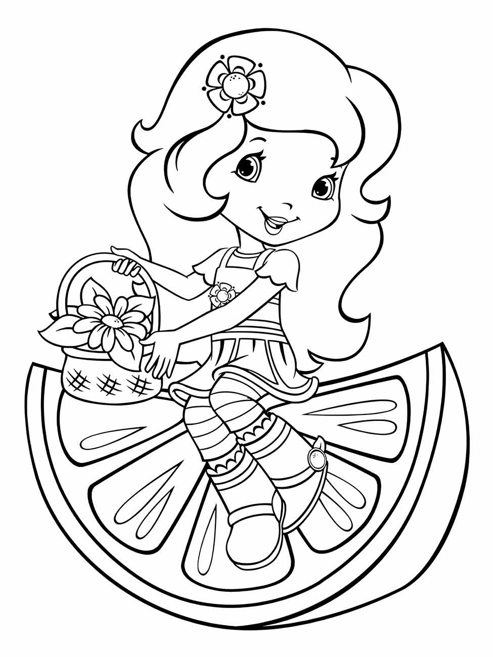 Desenho para colorir da Moranguinho sentada em uma fatia de melancia.